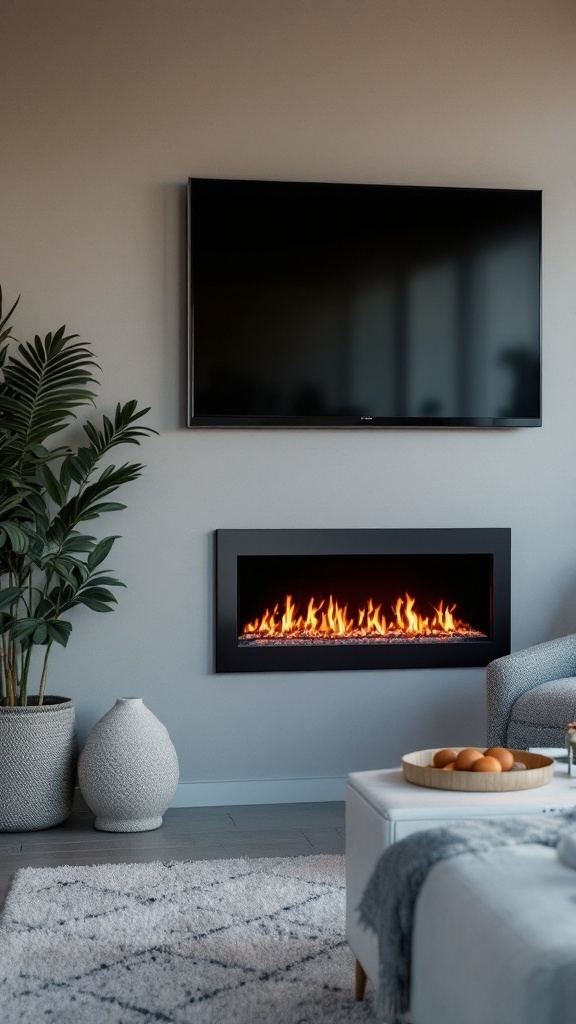 A modern living room featuring a wall-mounted electric fireplace below a TV, with decorative plants and cozy furnishings.