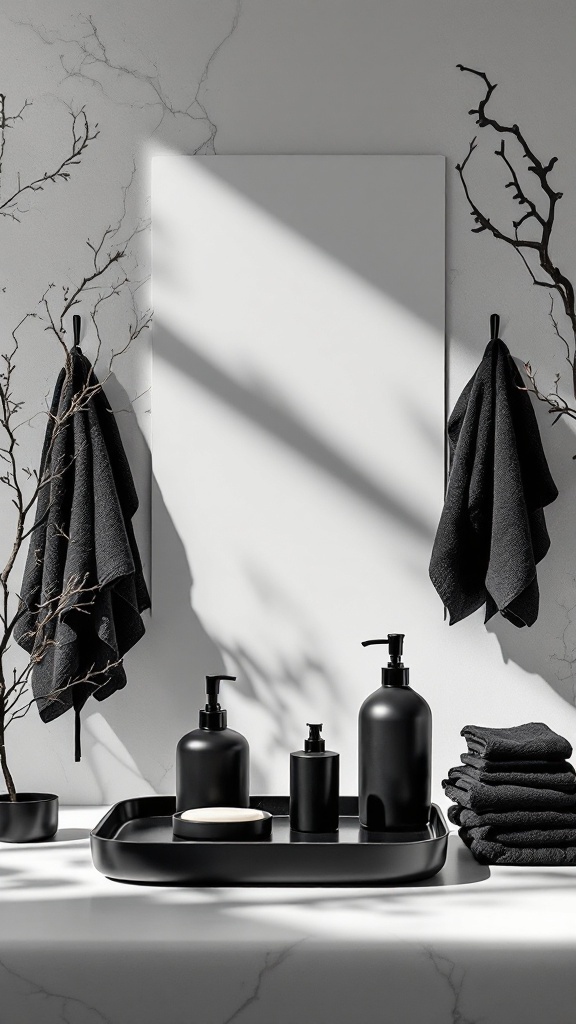 A stylish black bathroom setup with black accessories including towels and bottles.