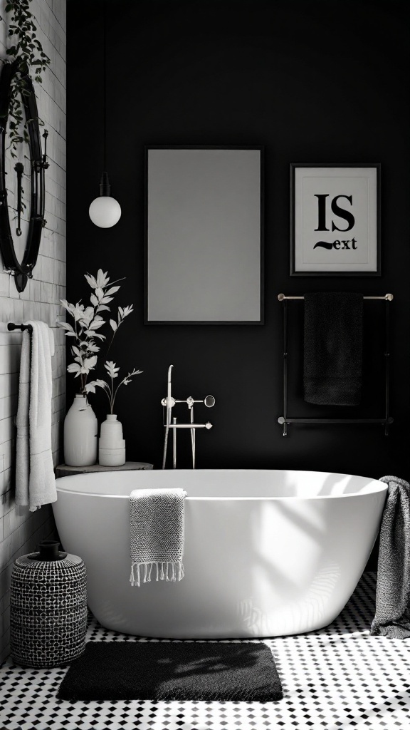 A black bathroom featuring a freestanding white tub, patterned floor, and elegant decor.