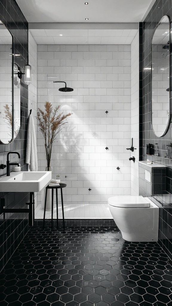 Modern black and white bathroom with hexagonal black floor tiles.