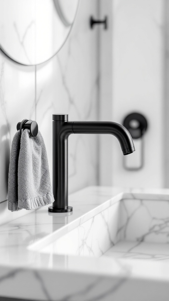 A sleek black faucet beside a gray towel on a marble countertop