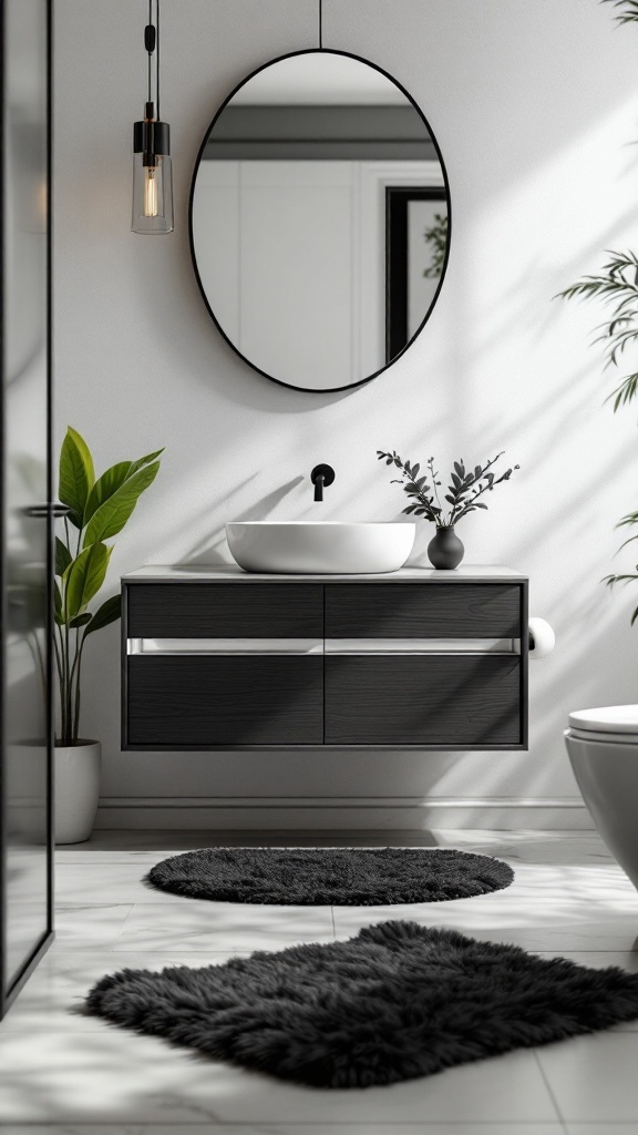 A modern black bathroom with black rugs and a stylish layout