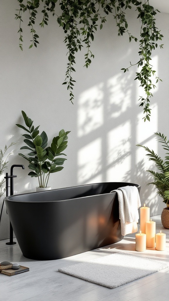 A luxurious black bathtub surrounded by plants and candles in a sophisticated bathroom setting.