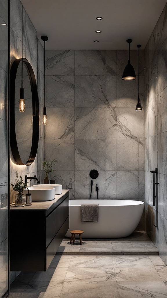 A modern black-themed bathroom featuring sleek black lighting fixtures, a freestanding tub, and marble walls.