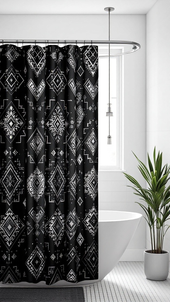 A black shower curtain with white geometric patterns in a modern bathroom setting.