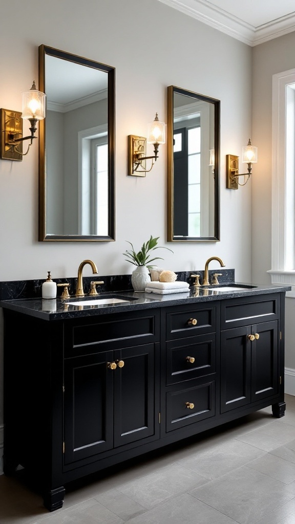 A stylish black bathroom vanity with dual sinks, gold fixtures, and decorative accents.