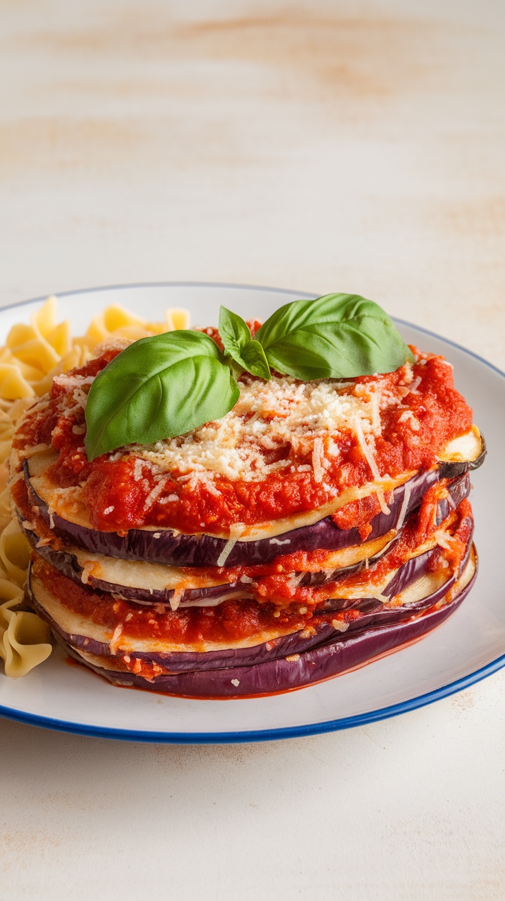 A plate of eggplant parmesan stack garnished with basil, served with pasta on the side.