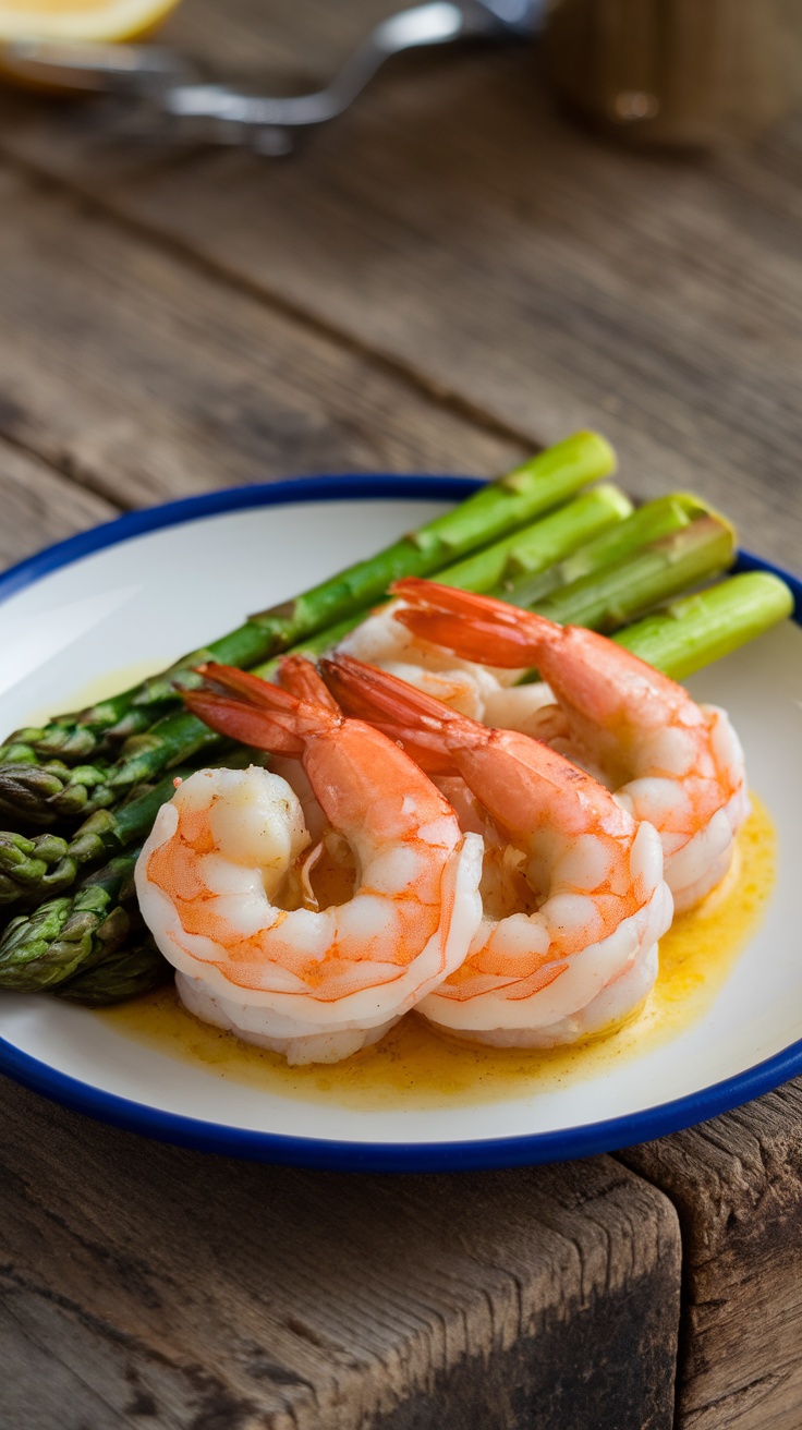 A plate of Lemon Garlic Butter Shrimp with Asparagus served on a wooden table.
