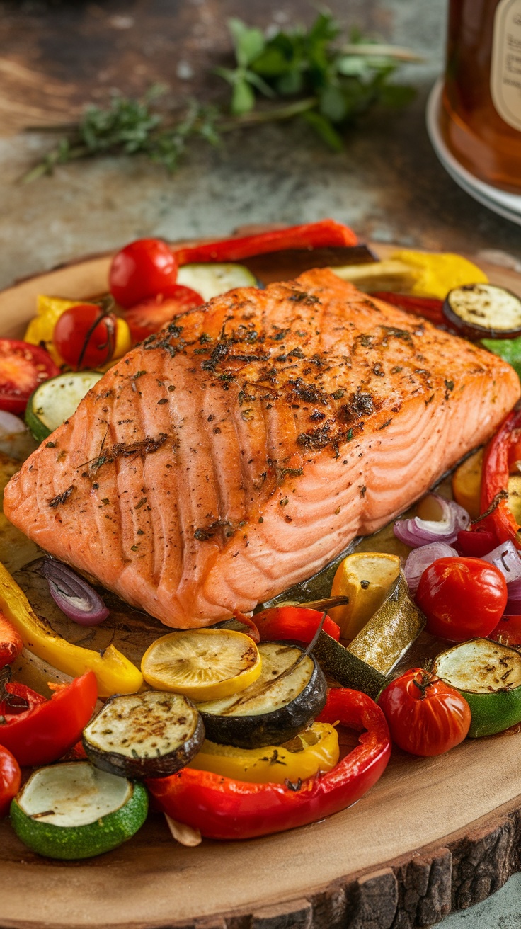 Honey mustard salmon with colorful roasted vegetables