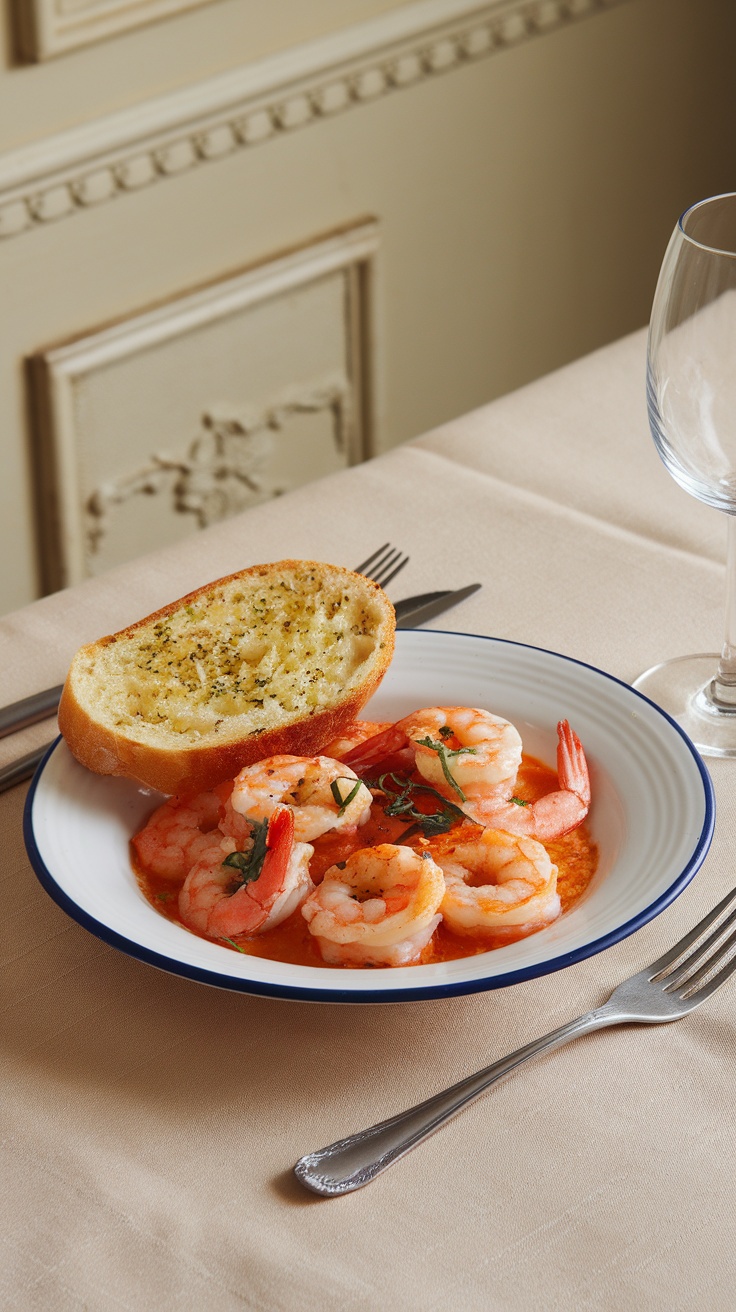 A plate of shrimp scampi with garlic bread, served elegantly for a dinner for two.