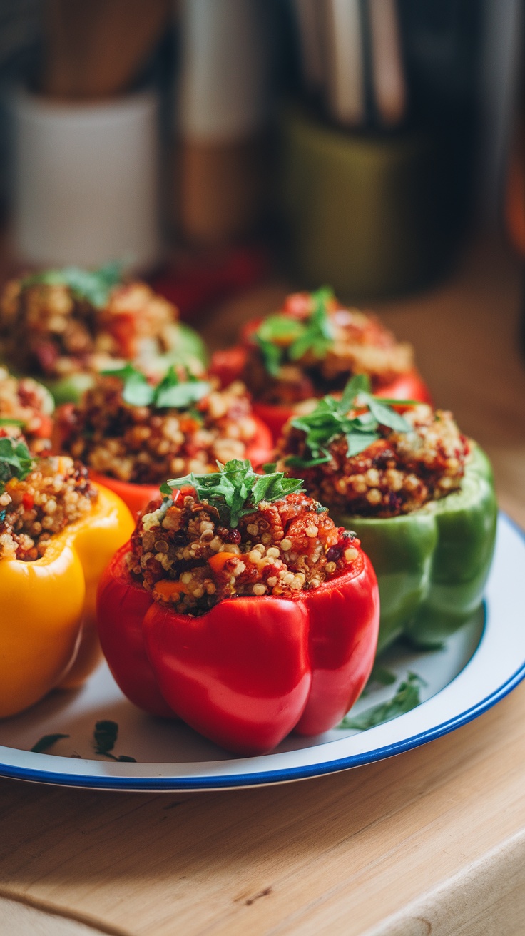 Stuffed bell peppers filled with quinoa and vegetables on a plate.