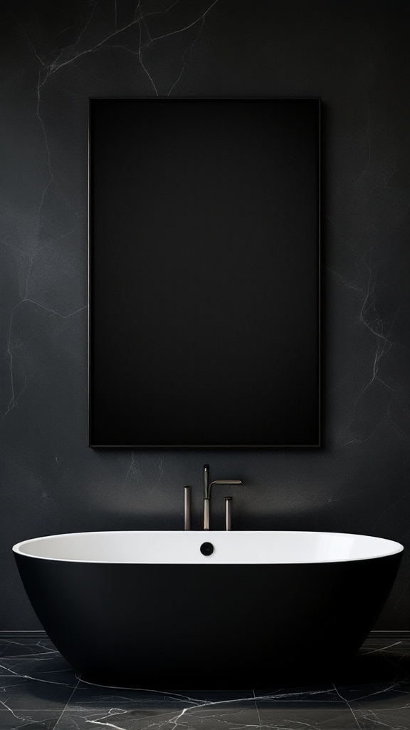 A minimalist black bathroom featuring a sleek black wall and a white bathtub.