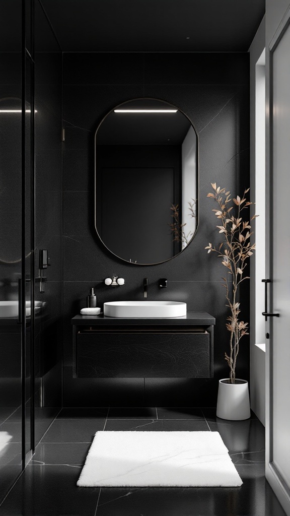 A modern black bathroom featuring a round mirror, black cabinetry, a white sink, a dried plant, and a fluffy white rug.