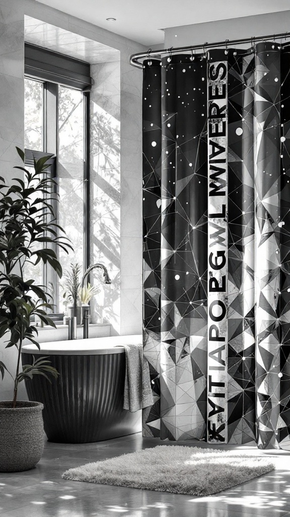 A black shower curtain with a geometric design in a modern bathroom