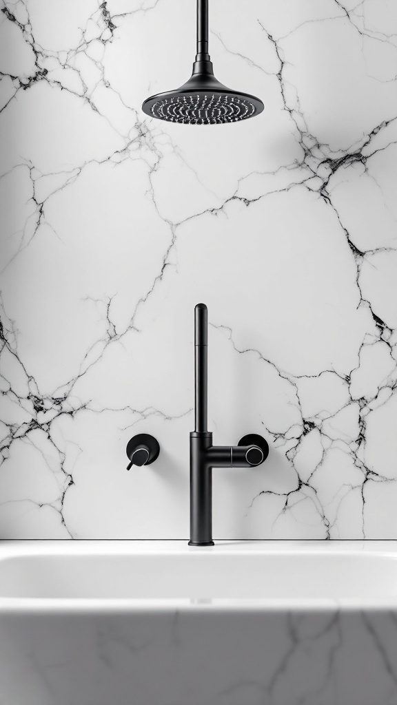 A modern bathroom featuring black fixtures, including a showerhead and faucet, against a white marble wall.