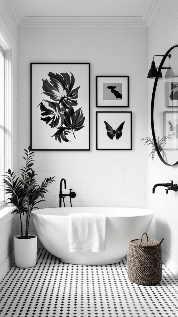 A modern black and white bathroom featuring bold wall art, a freestanding tub, and plants.