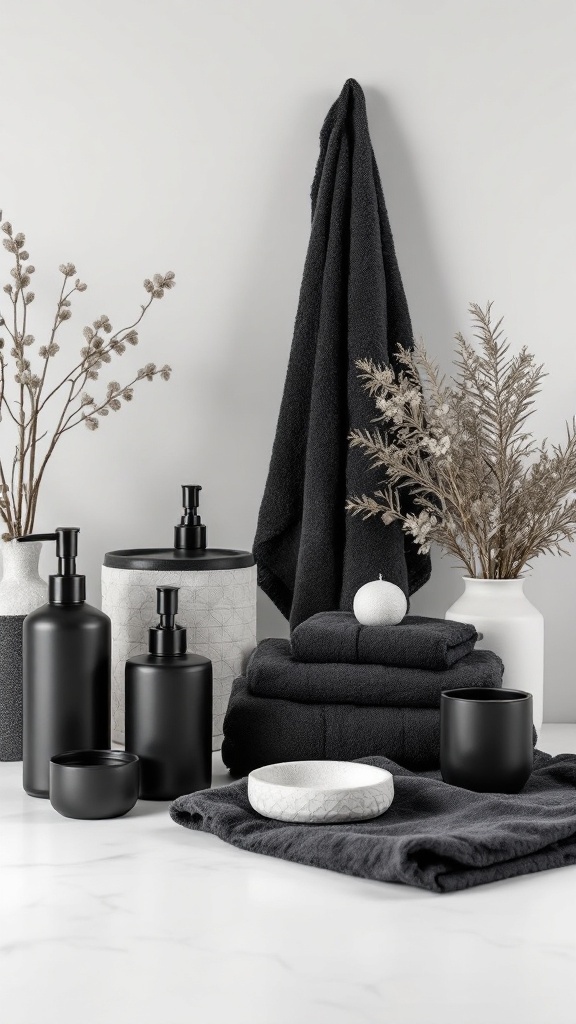 Chic black bathroom accessories including towels, dispensers, and decor