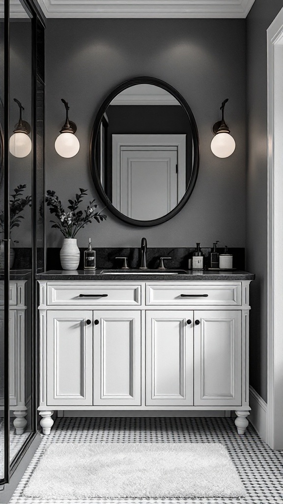 A black and white bathroom featuring a white vanity, dark walls, round mirror, and stylish fixtures.