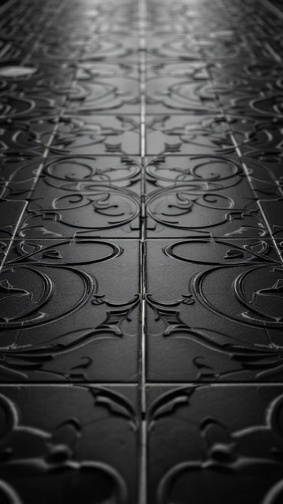 Elegant black tile floor with intricate patterns.