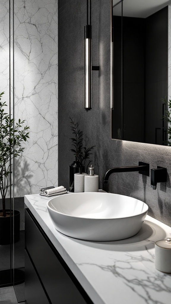 A modern black and white bathroom featuring a round white sink, dark fixtures, and stylish lighting.