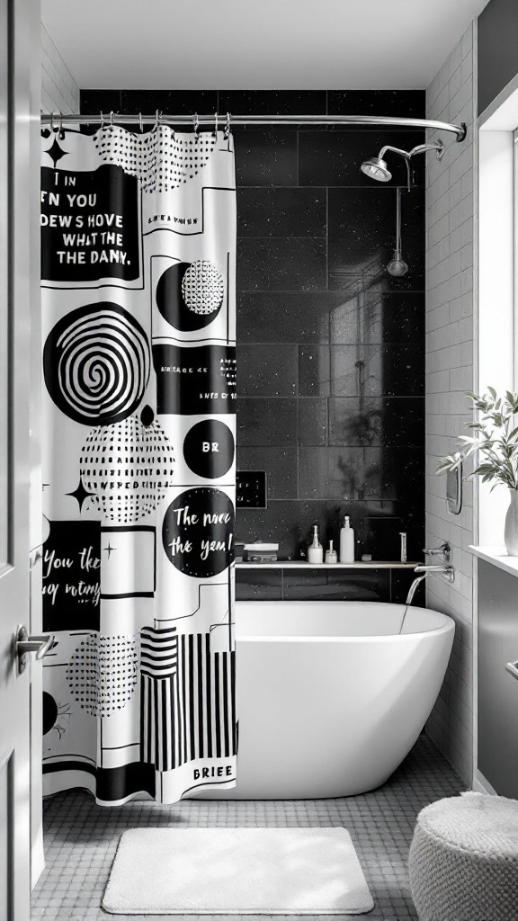 A black and white bathroom featuring a graphic shower curtain with various patterns and text.