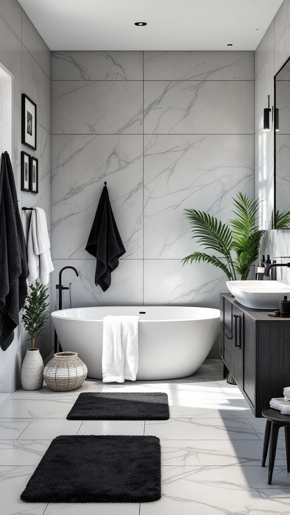 A modern black and white bathroom featuring a freestanding bathtub, dark towels, and decorative elements like plants and rugs.