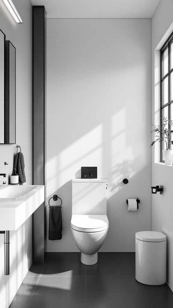 A minimalist black and white bathroom showcasing clean lines, functional storage, and a touch of greenery.