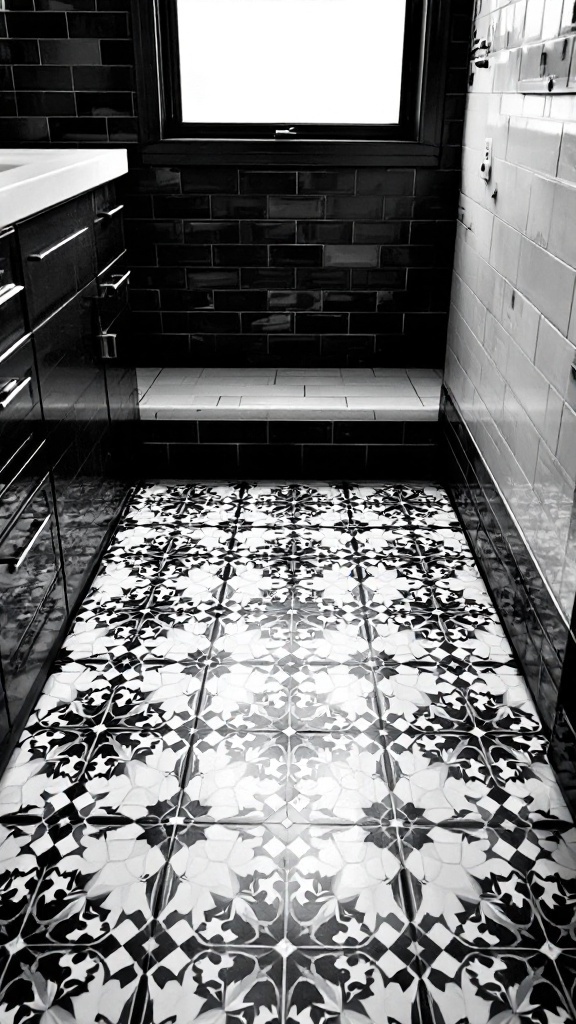 Black and white patterned tiles on a bathroom floor, with dark cabinetry and a light countertop.