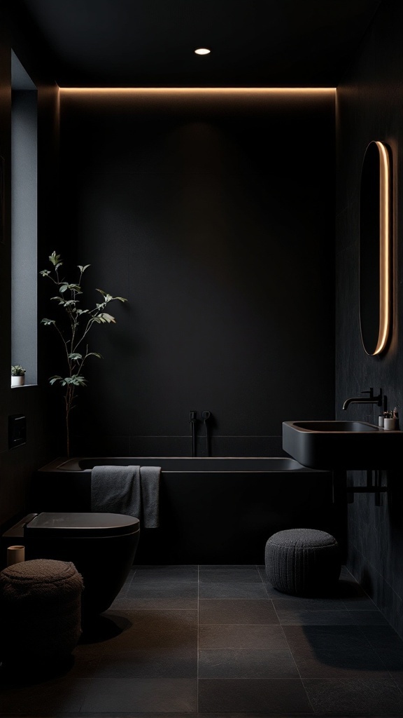 A modern black bathroom featuring black walls, a bathtub, a sink, and a small plant, illuminated by warm lighting.