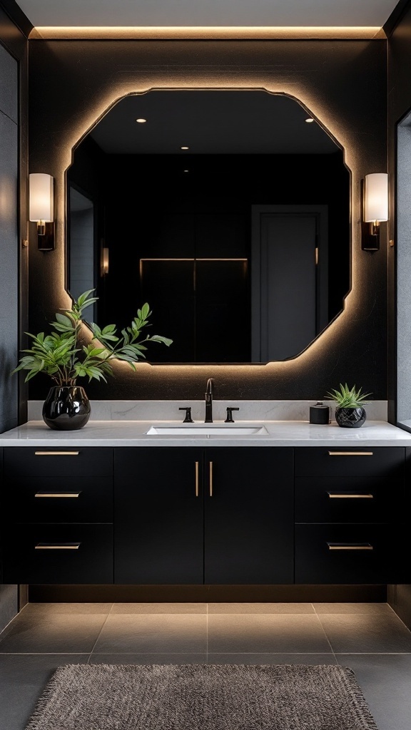 Sleek black bathroom vanity with white countertop and gold accents, surrounded by plants and a backlit mirror.