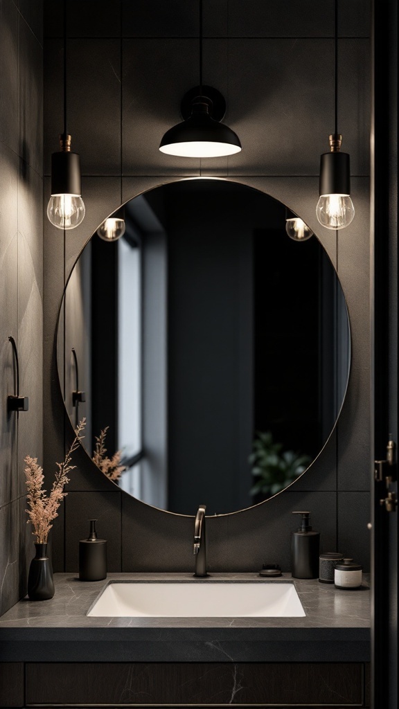 A modern bathroom featuring black lighting fixtures, a round mirror, and stylish decor.