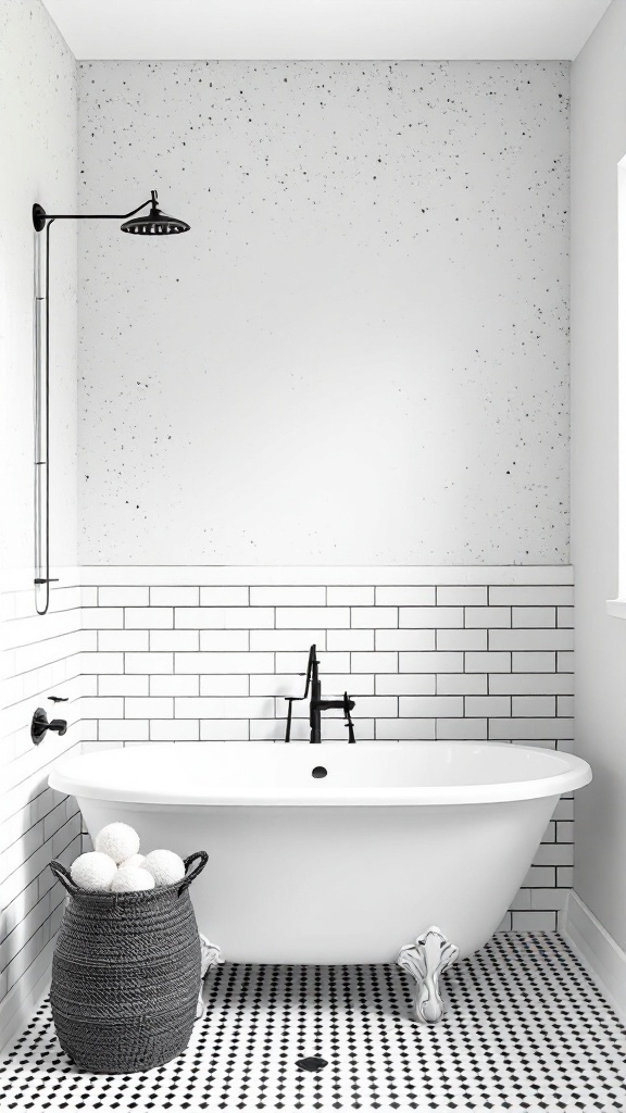 A black and white bathroom featuring a freestanding tub, speckled wall treatment, and tiled floor.