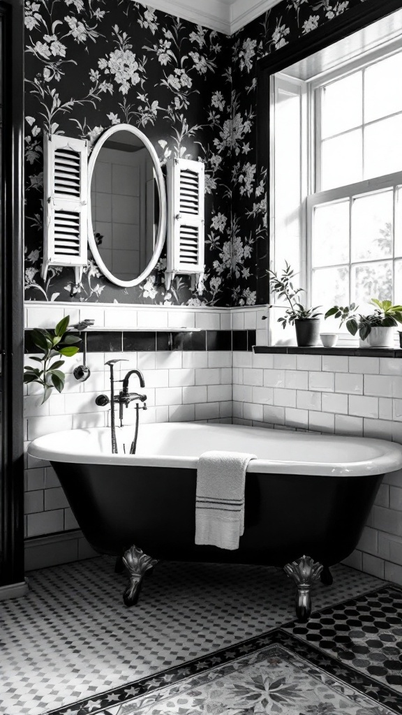 A vintage black and white bathroom featuring floral wallpaper, a clawfoot bathtub, and patterned floor tiles.