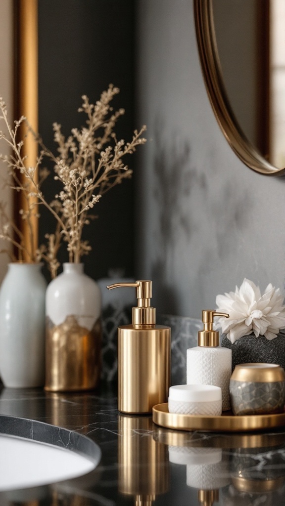 A stylish black and gold bathroom featuring gold accessories, vases, and a round tray on a marble counter.