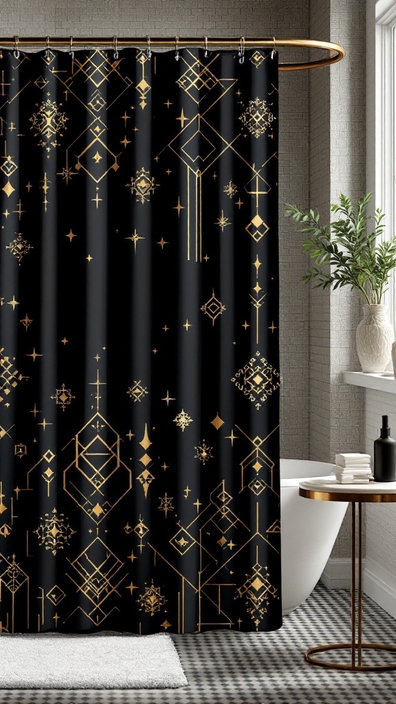 A black shower curtain with gold geometric patterns in a stylish bathroom setting.