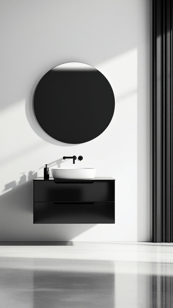 A modern black bathroom vanity with a circular mirror above it, set against white walls.