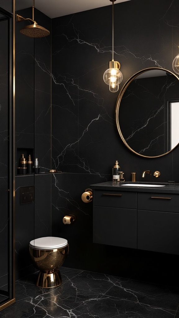 A modern black and gold bathroom showcasing contrasting textures with glossy gold fixtures and matte black surfaces.