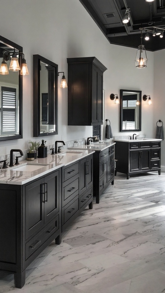 A modern black bathroom vanity with dual sinks and stylish lighting