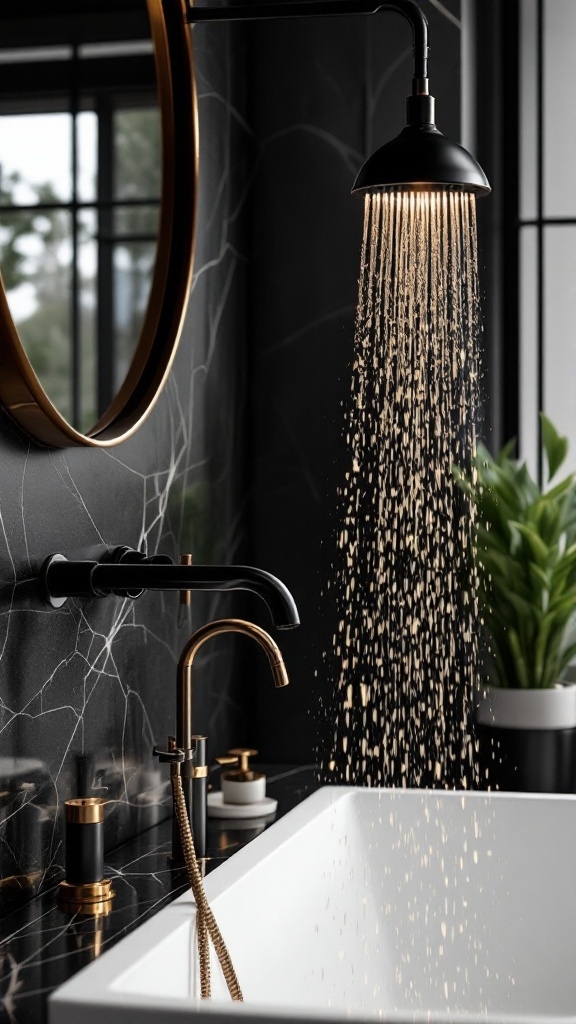 A stylish black and gold bathroom featuring elegant fixtures, a sleek showerhead, and a round mirror.