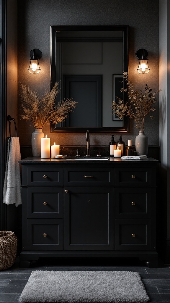 A stylish black bathroom vanity with warm lighting and decorative accessories.