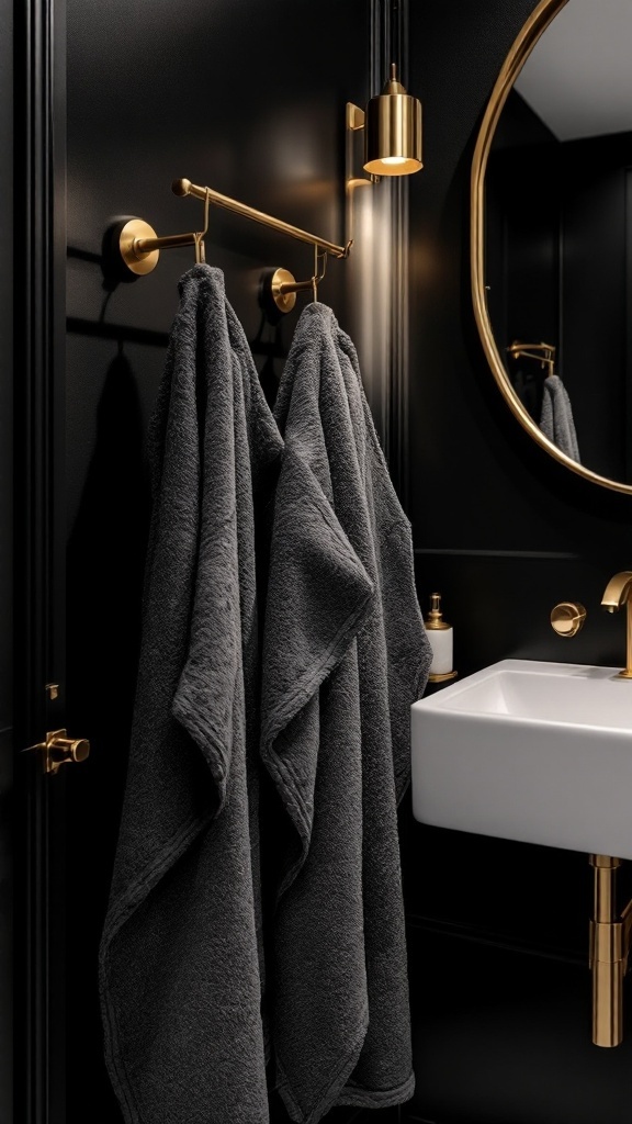 A luxurious black and gold bathroom featuring a round mirror, gold fixtures, and grey towels.