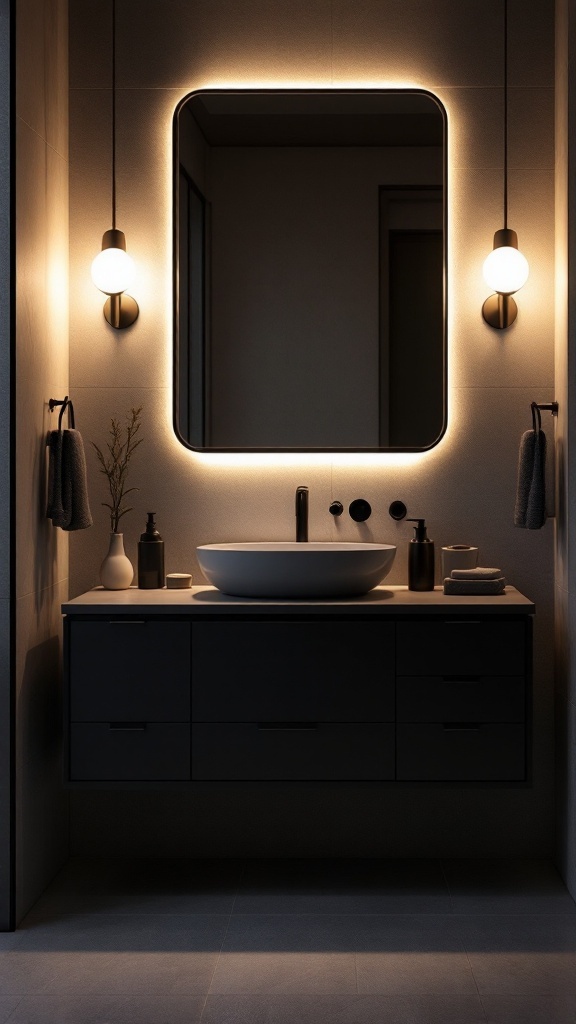 Modern black bathroom vanity with backlit mirror and stylish lighting