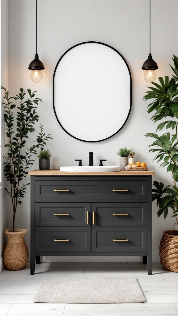 A stylish black bathroom vanity with wooden top, plants, and modern lighting.