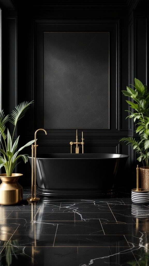 Luxurious black bathtub with gold fixtures in a stylish bathroom