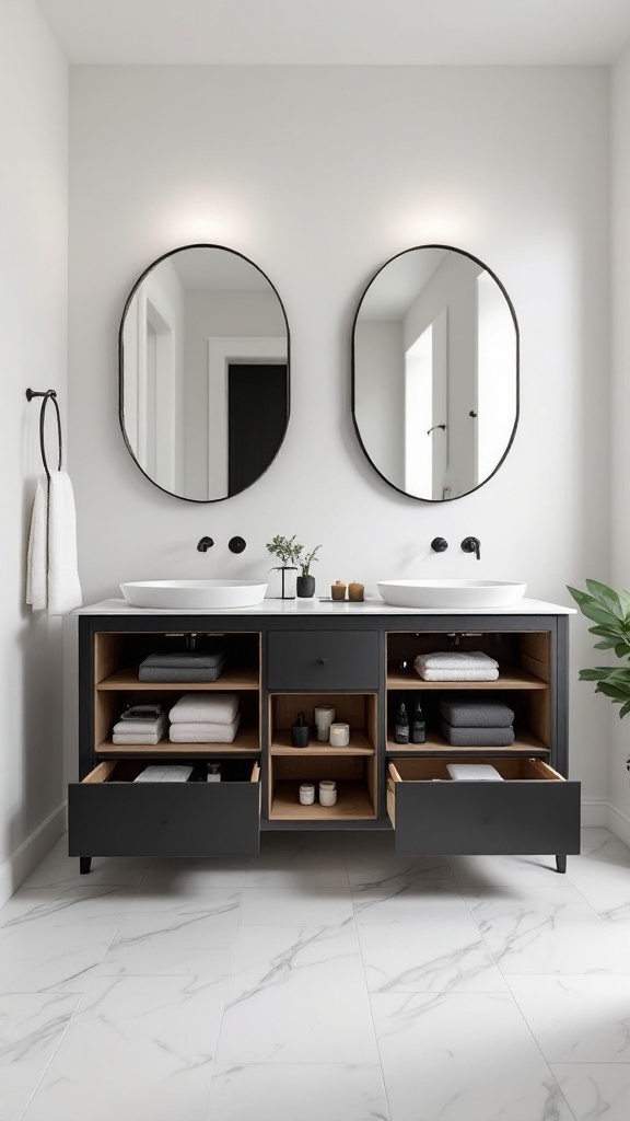 A modern black bathroom vanity with dual sinks, wooden shelves, and oval mirrors.