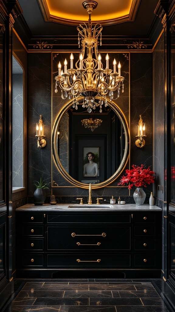 A luxurious black and gold bathroom featuring an ornate chandelier and elegant lighting.