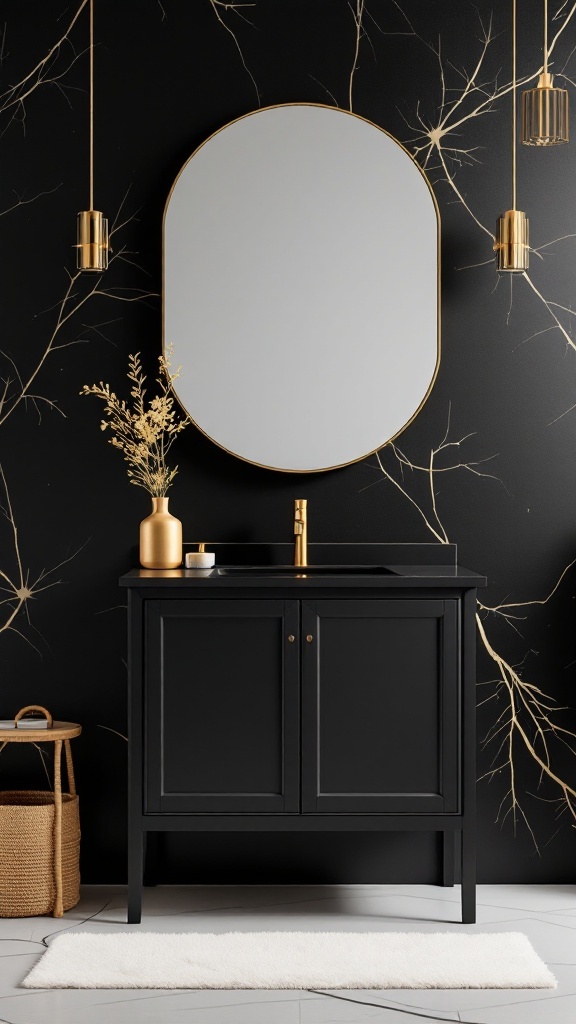 A sleek black vanity with gold accents in a modern bathroom setting.