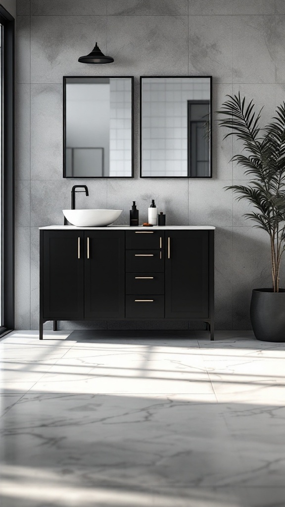 A modern black bathroom vanity with a sleek design, featuring a stylish sink, two mirrors, and a potted plant.