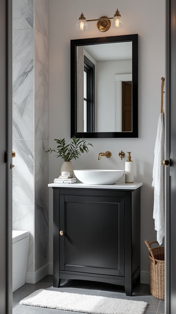 A modern black bathroom vanity with a round sink, mirror, and decorative items.