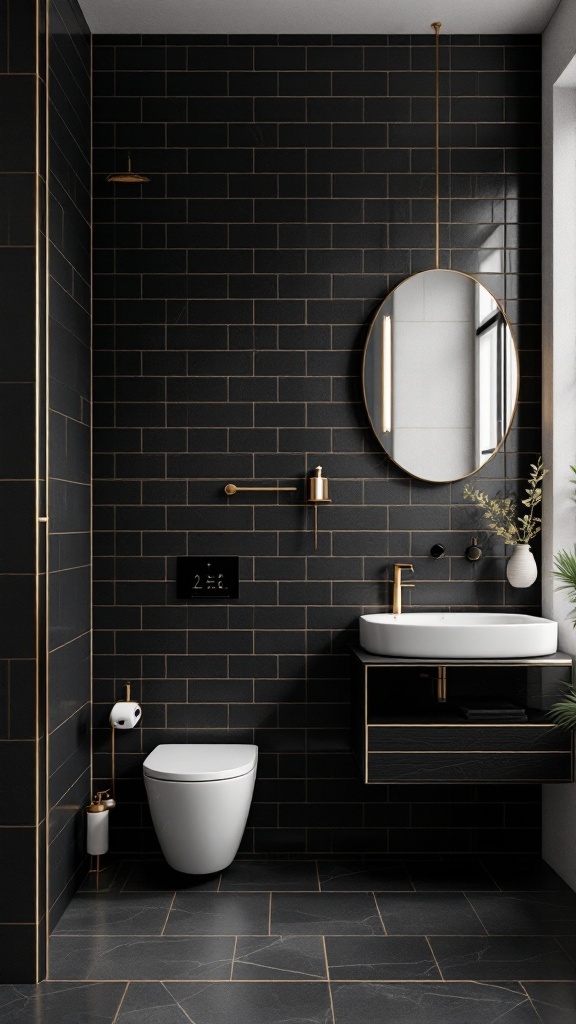 A modern bathroom featuring black tiles and gold accents.